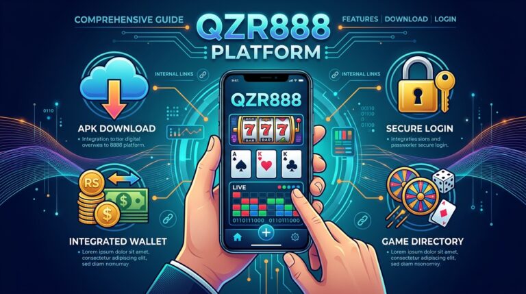 Interactive mobile overview of the QZR888 platform featuring secure login, wallet management, APK download, and game directory options.
