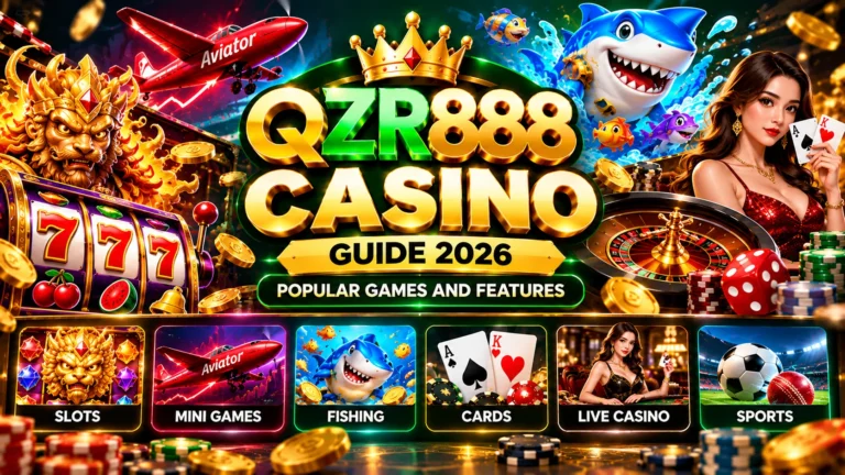 QZR888 Casino guide featuring slots, mini games, fishing, cards, live casino, and sports