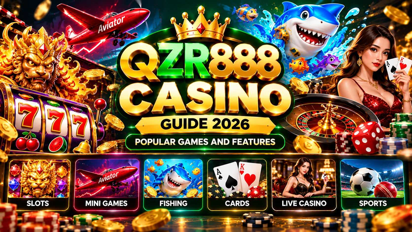 QZR888 Casino guide featuring slots, mini games, fishing, cards, live casino, and sports