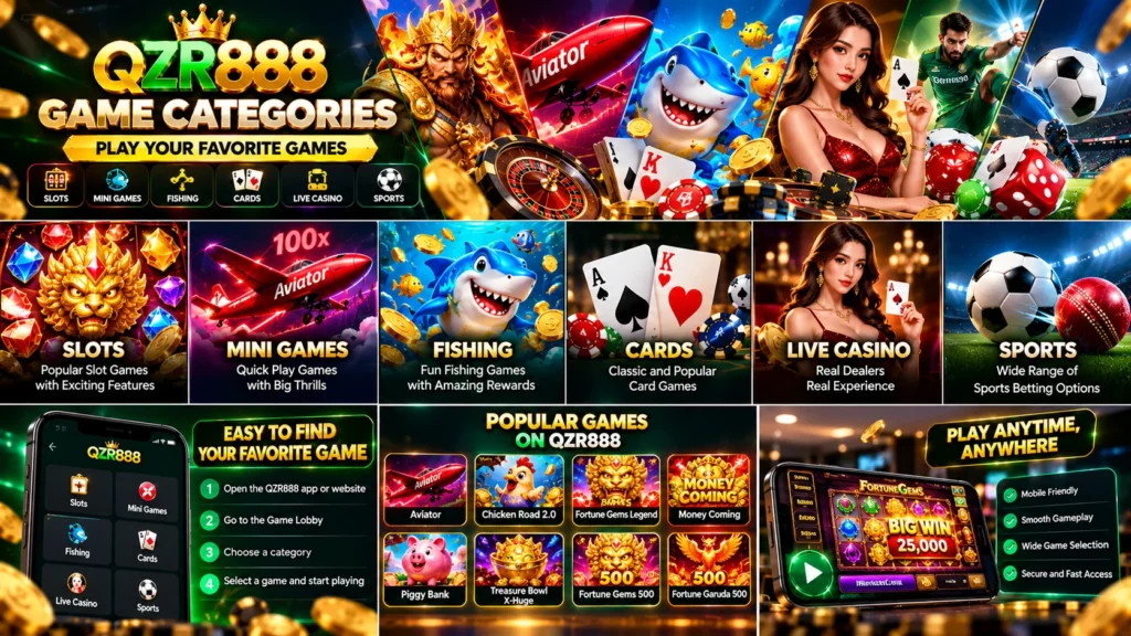 QZR888 Game categories featuring slots, mini games, fishing, cards, live casino, and sports