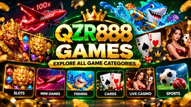 QZR888 Game featuring slots, mini games, fishing, card games, live casino, and sports categories