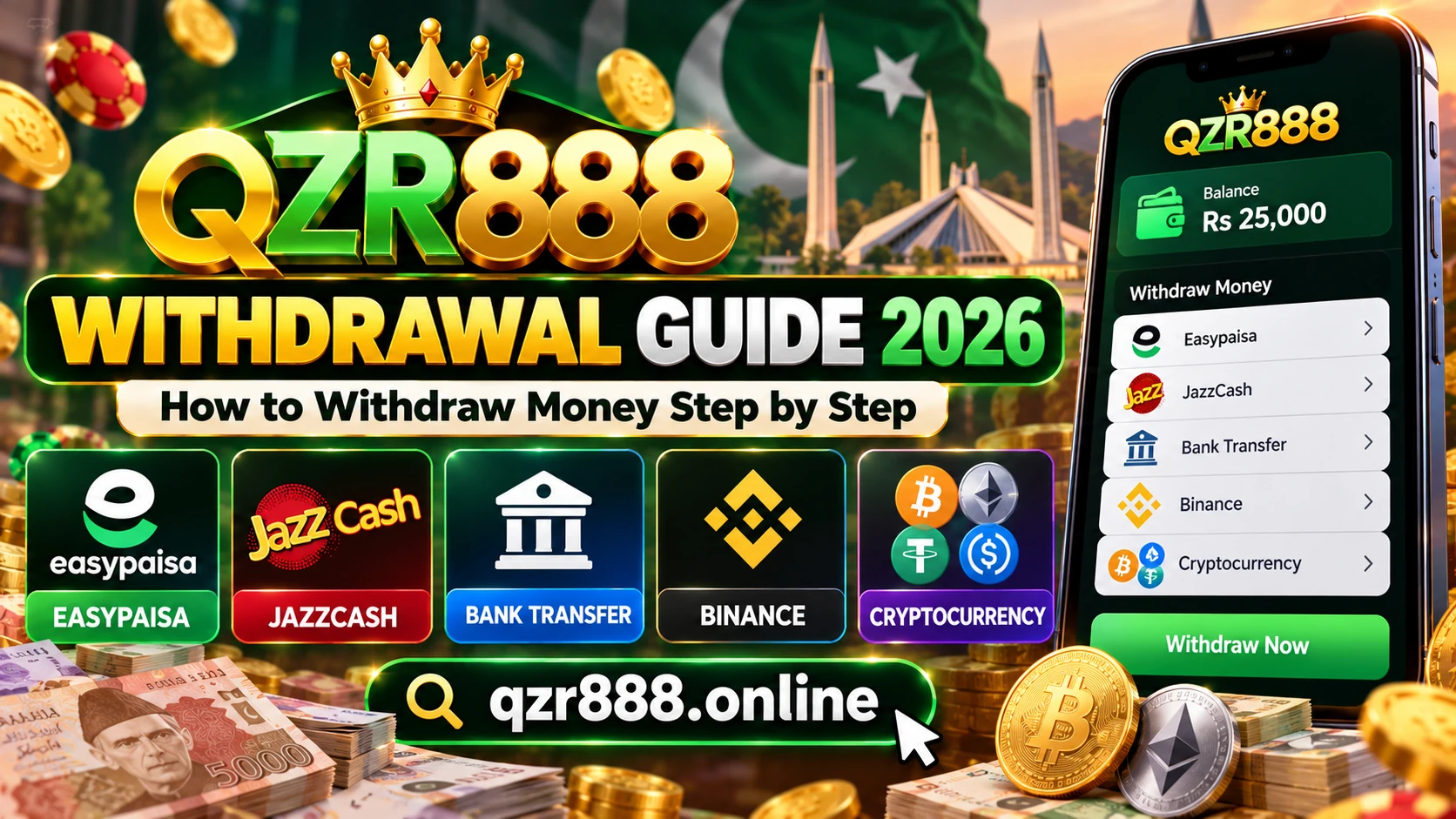 Learn how to withdraw money from QZR888 in 2026 using Easypaisa, JazzCash, bank transfer, Binance or crypto. Complete QZR888 withdrawal guide for Pakistan.