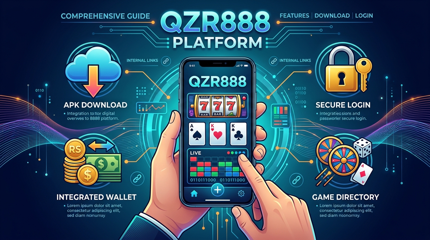 Interactive mobile overview of the QZR888 platform featuring secure login, wallet management, APK download, and game directory options.